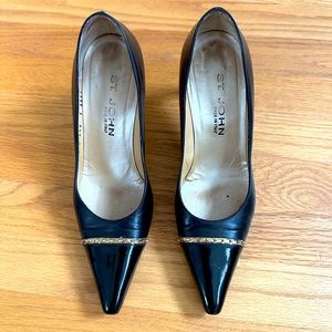 St John Black Leather Gold Chain Pumps